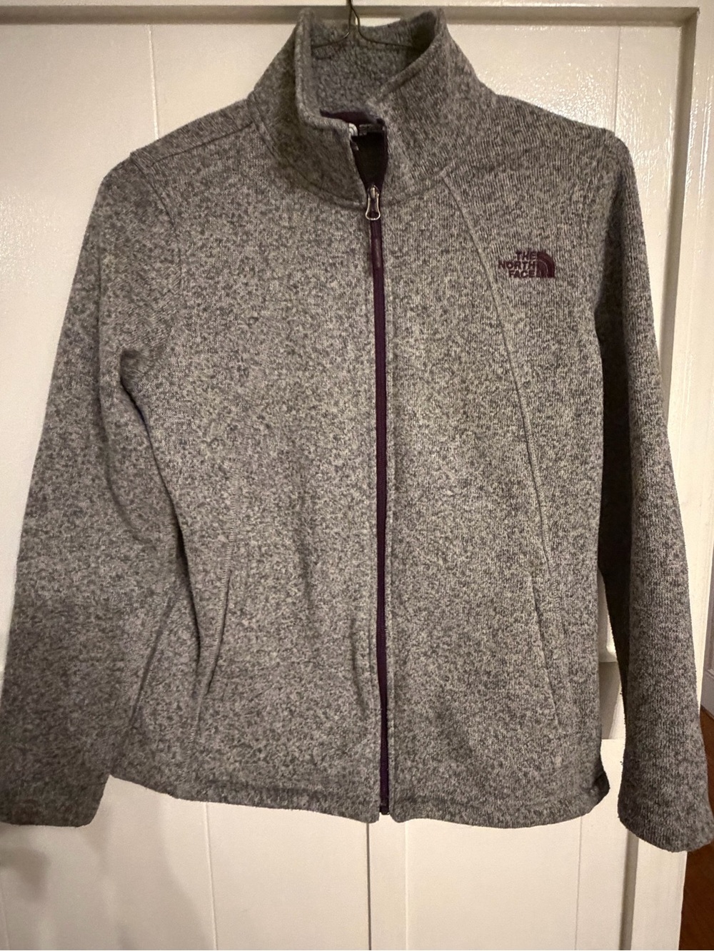 The North Face Heather Gray Teddy Jacket with Purple Trim
